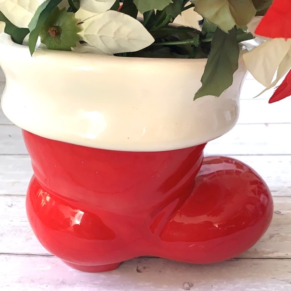 Santa’s Boot Ceramic Christmas Vase & Artificial Poinsettias Flowers Home Decor - Picture 2 of 4